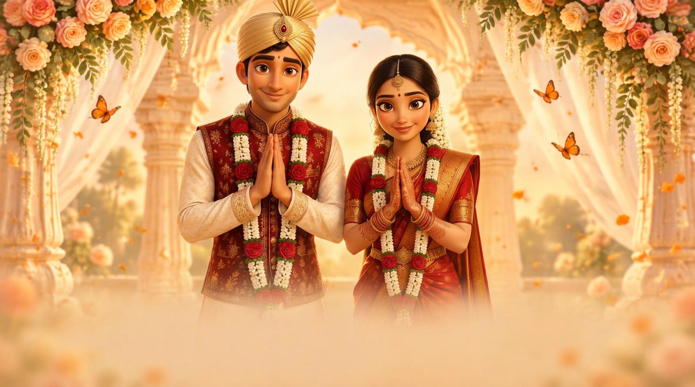 Illustration of Vijayalakshmi and Pradeep Reddy greeting with folded hands under a temple arch